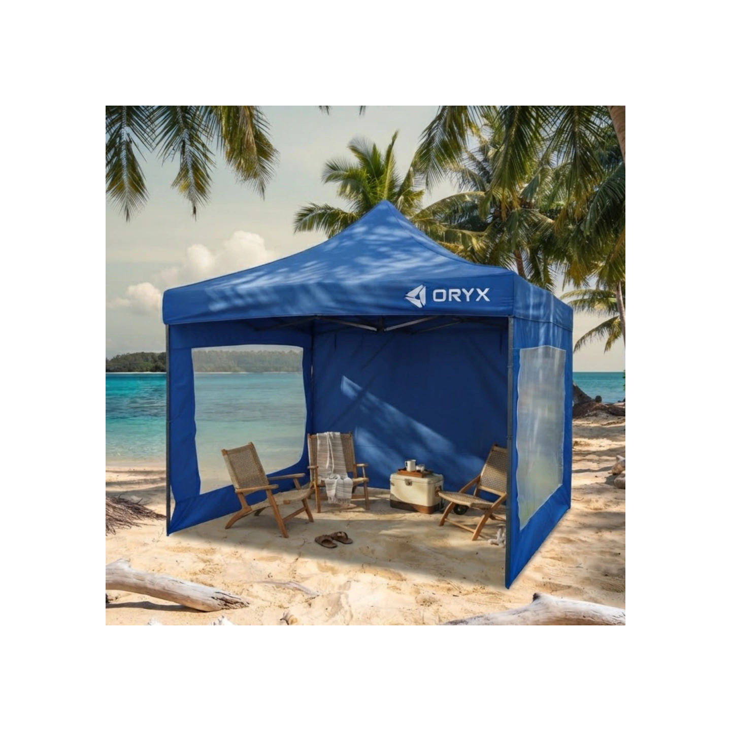 Gazebo azul 3x3 mts con 3 paredes