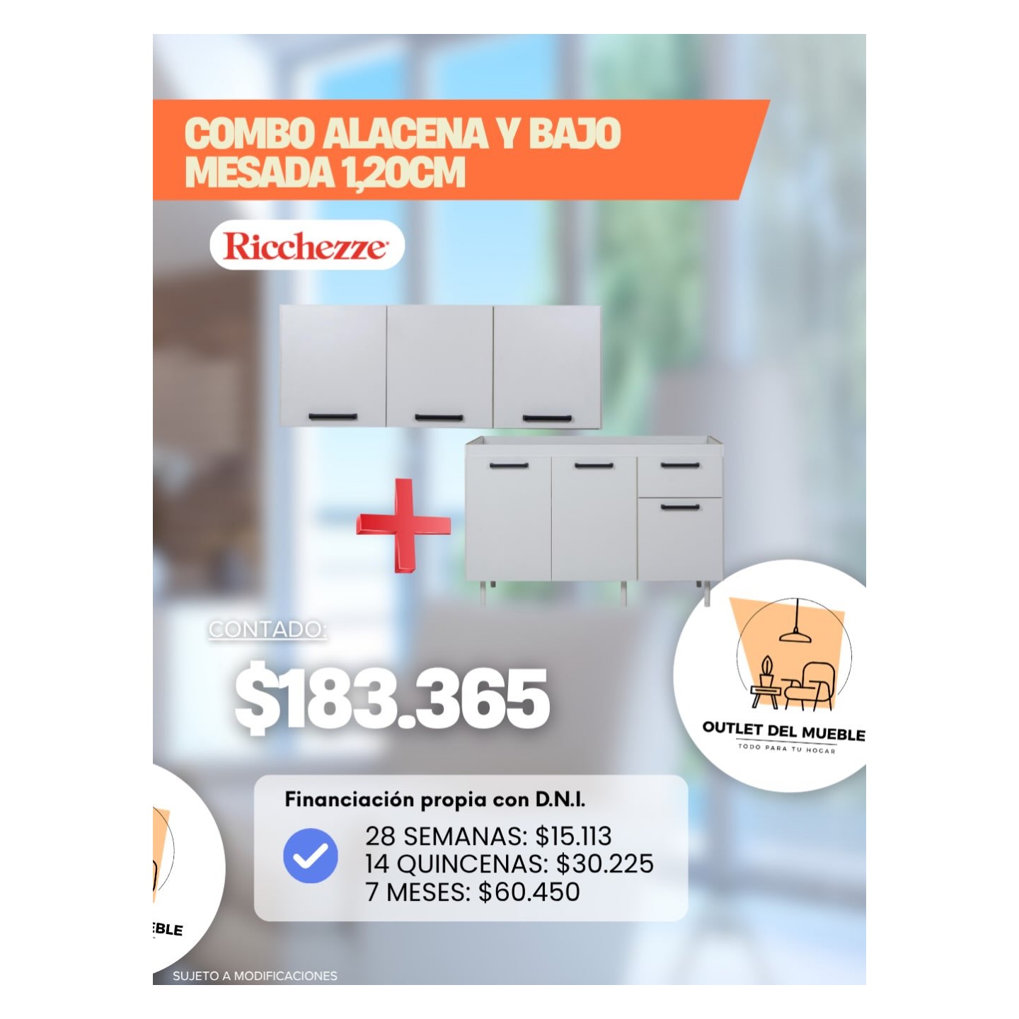 Combo alacena + bajo mesada 1,20 m