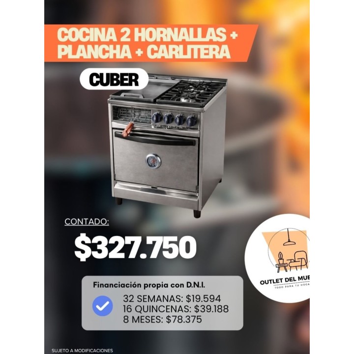 Cocina industrial Cuber 2 hornallas + plancha + carlitera
