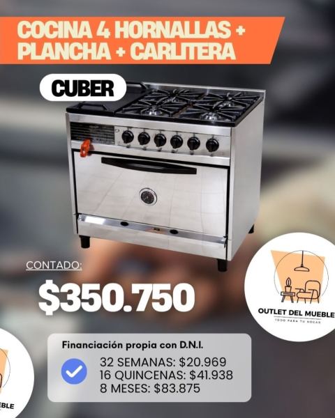 Cocina industrial Cuber 4 hornallas + plancha + carlitera