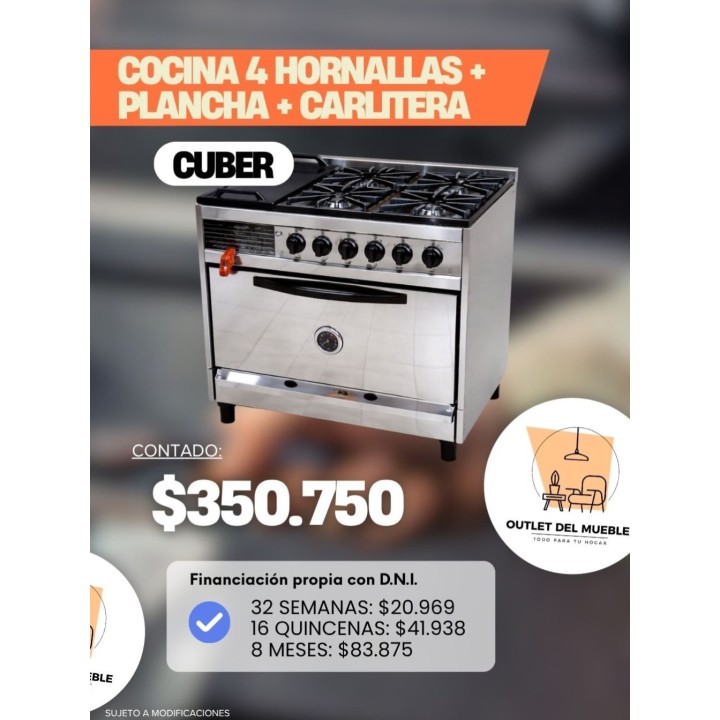 Cocina industrial Cuber 4 hornallas + plancha + carlitera
