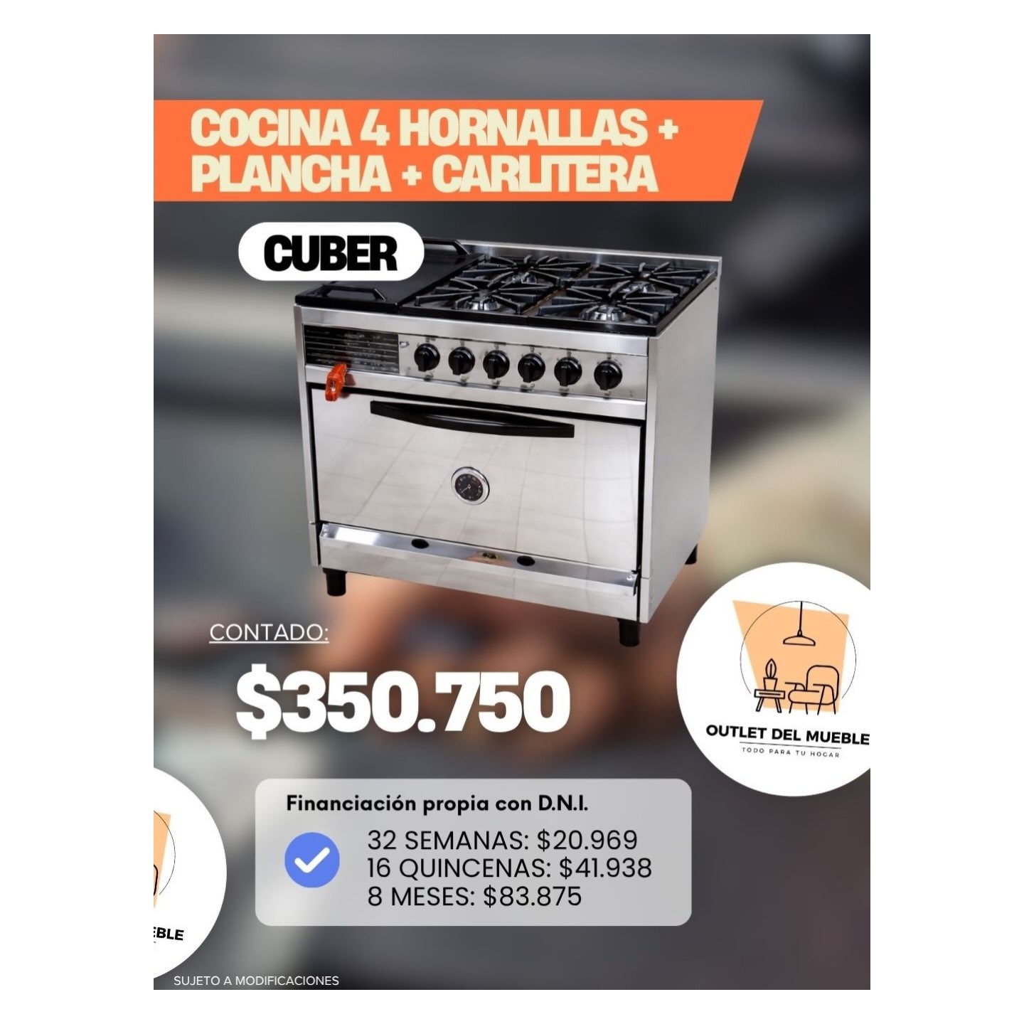 Cocina industrial Cuber 4 hornallas + plancha + carlitera