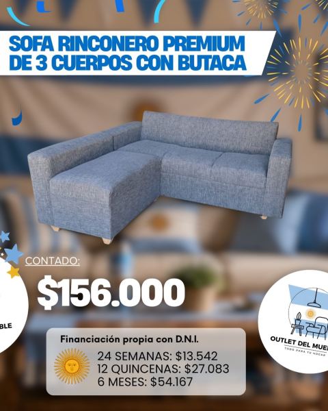 Sofá rinconero premium 3 cuerpos con butaca