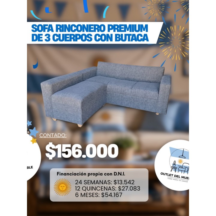 Sofá rinconero premium 3 cuerpos con butaca