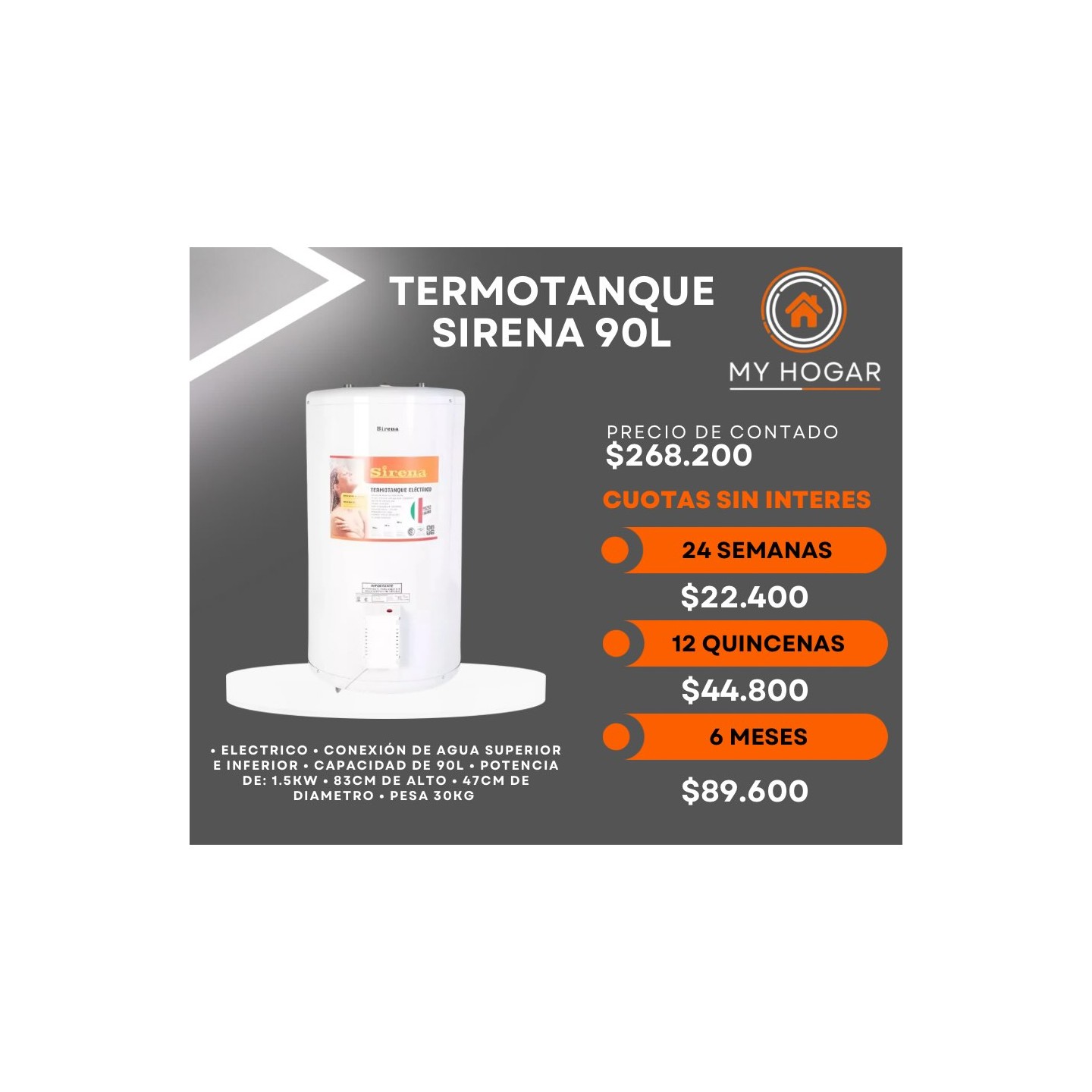 Termotanque eléctrico Sirena 90 L