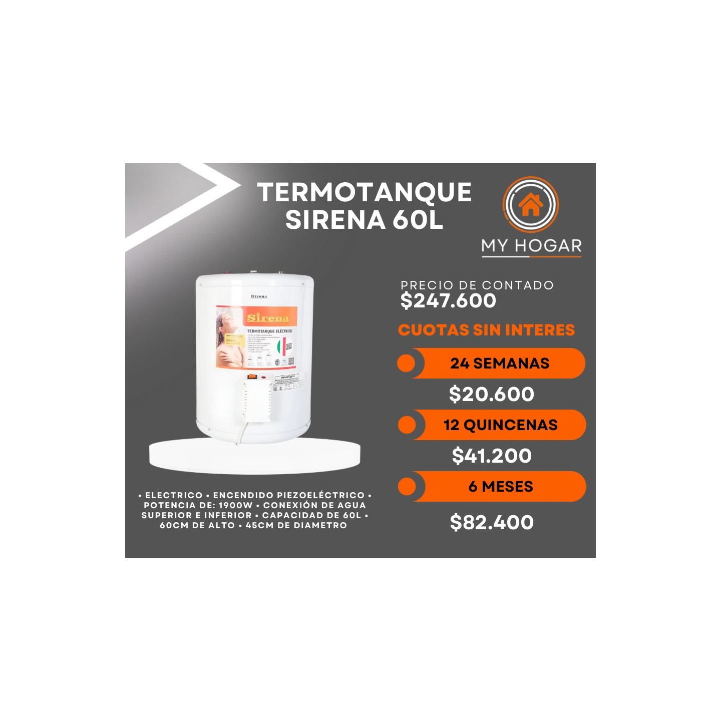 Termotanque eléctrico Sirena 60 L