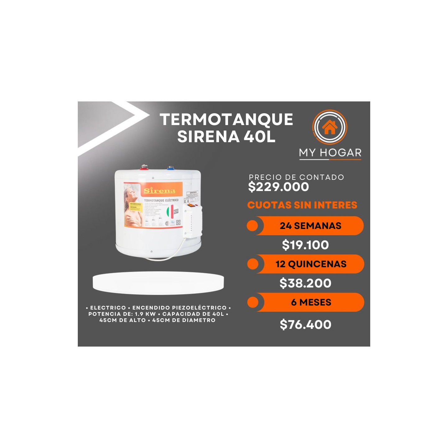 Termotanque eléctrico Sirena 40 L