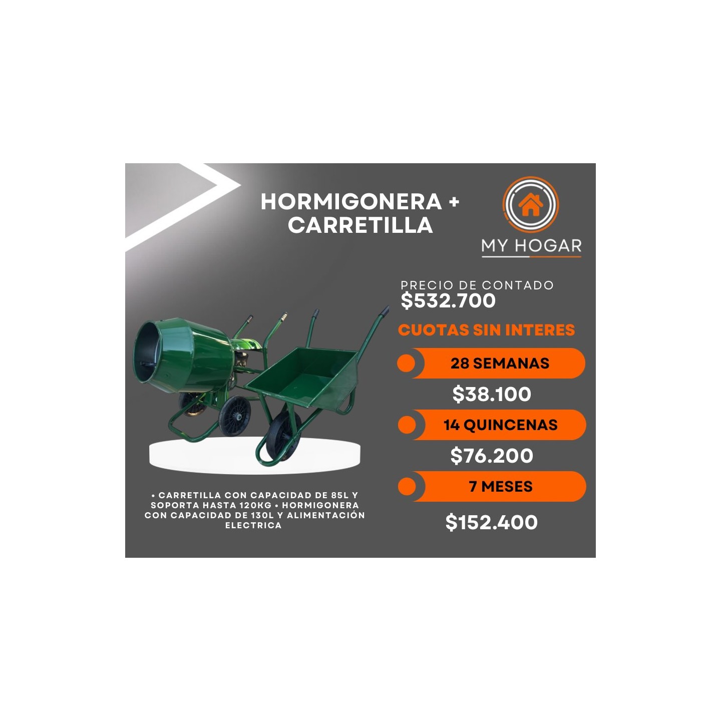 Combo hormigonera + carretilla