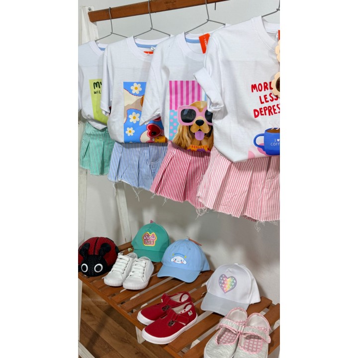 Conjunto remera over y short pollera rayado