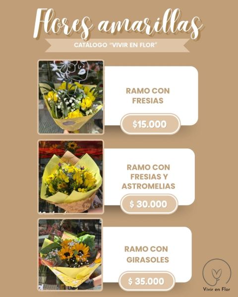 Ramos de flores amarillas: fresias, astromelias y girasoles