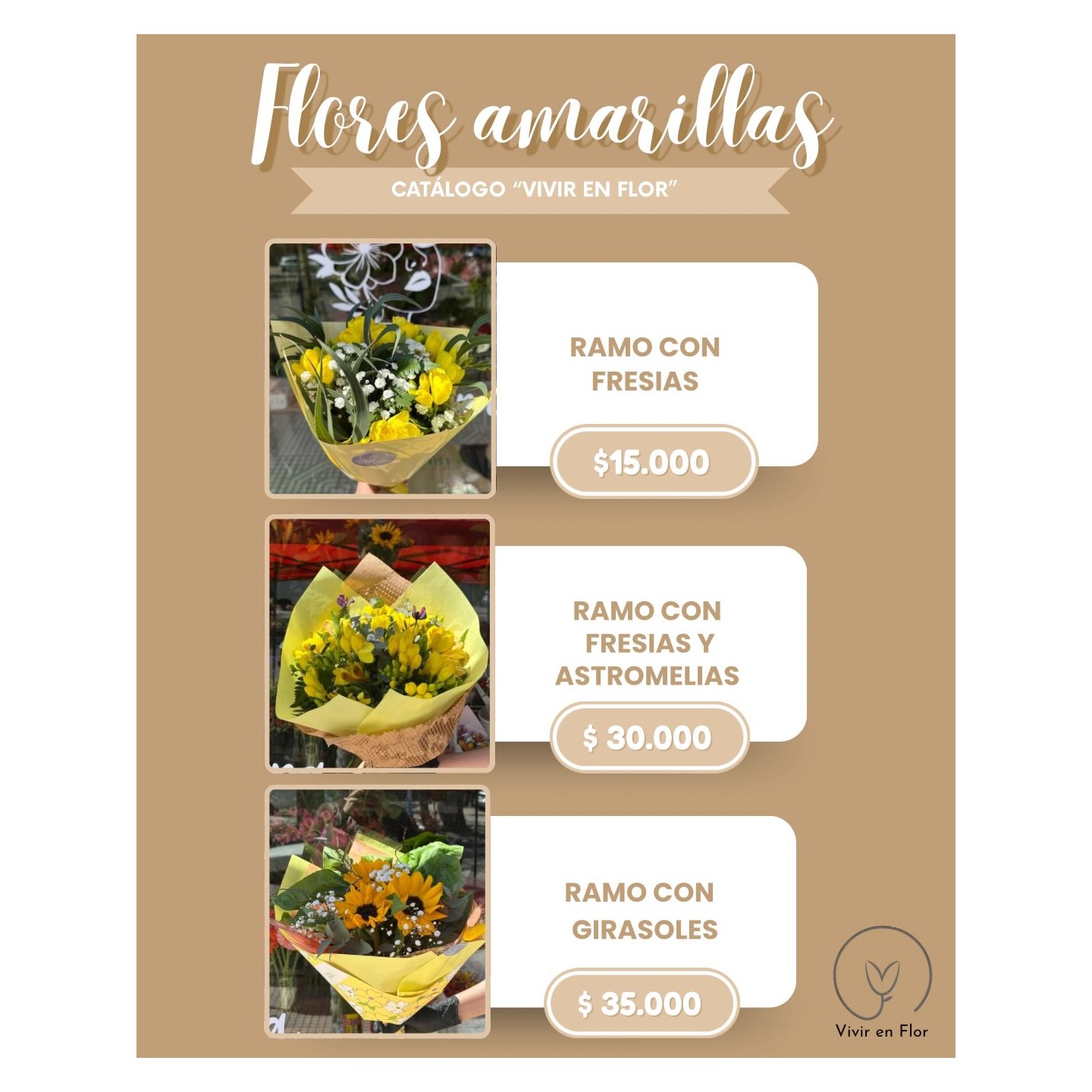 Ramos de flores amarillas: fresias, astromelias y girasoles
