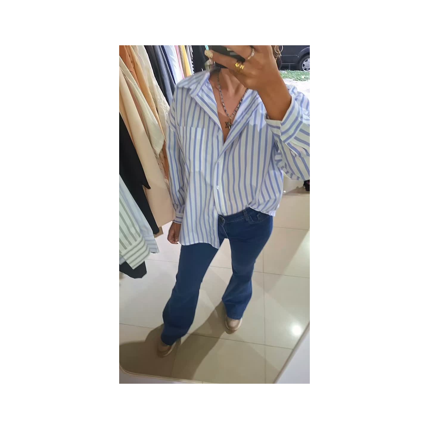Jean oxford elastizado y camisa rayada