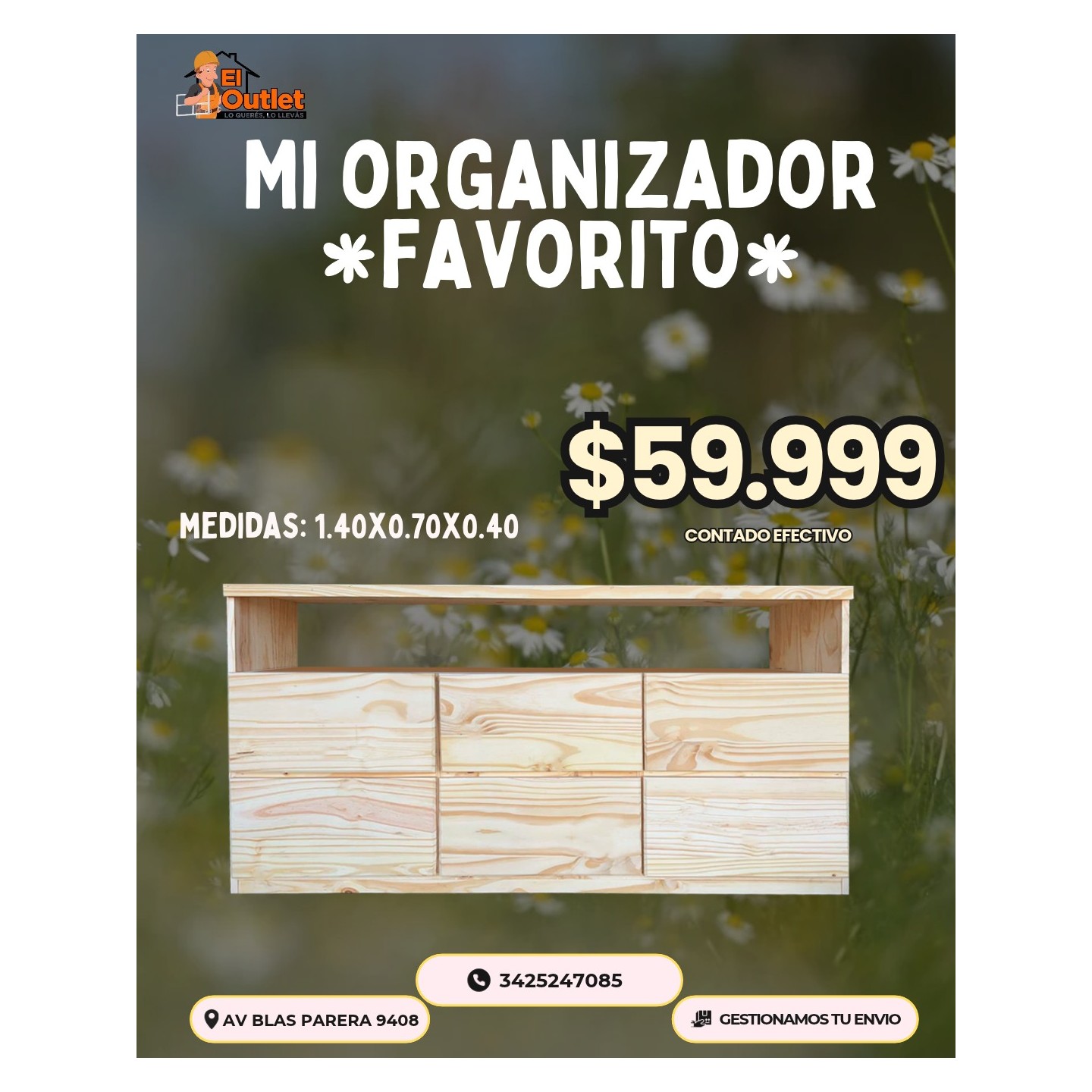 Organizador de madera 1,40 × 0,70 × 0,40 m