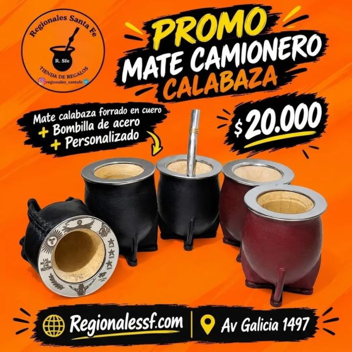 Mate camionero de calabaza forrado en cuero + bombilla de acero