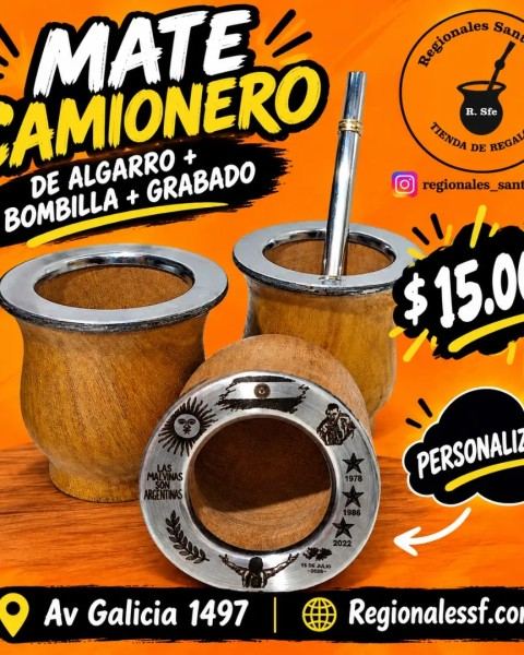 Mate camionero de algarrobo + bombilla + grabado