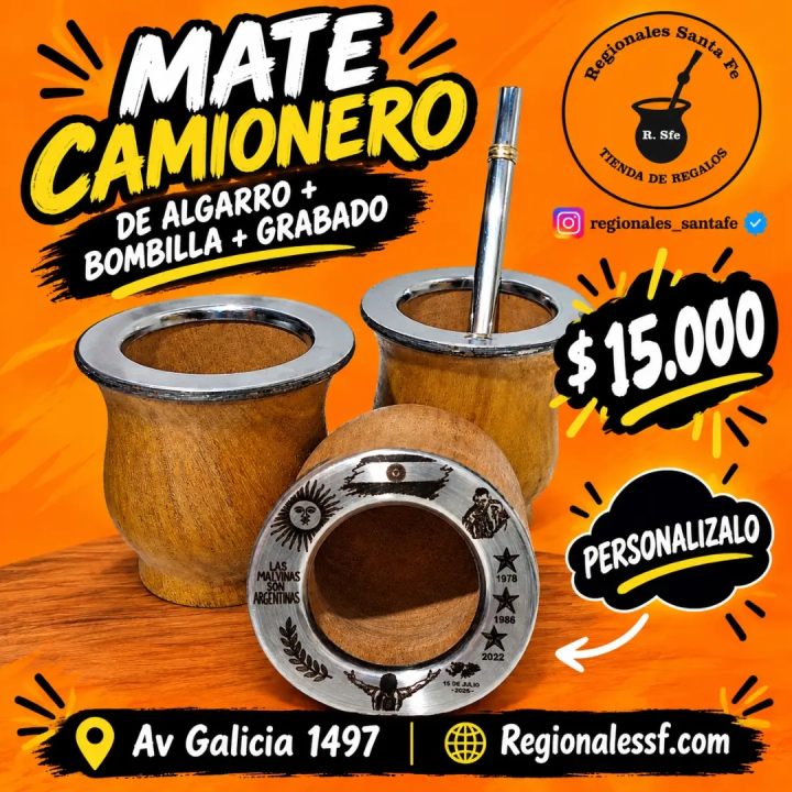 Mate camionero de algarrobo + bombilla + grabado