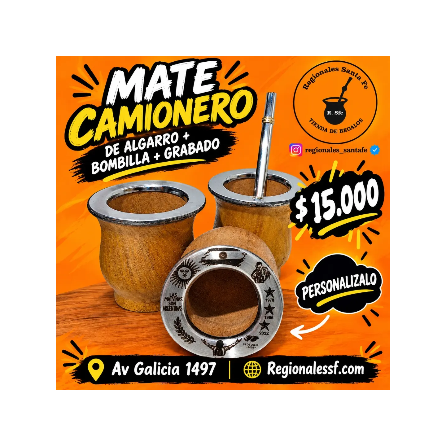 Mate camionero de algarrobo + bombilla + grabado
