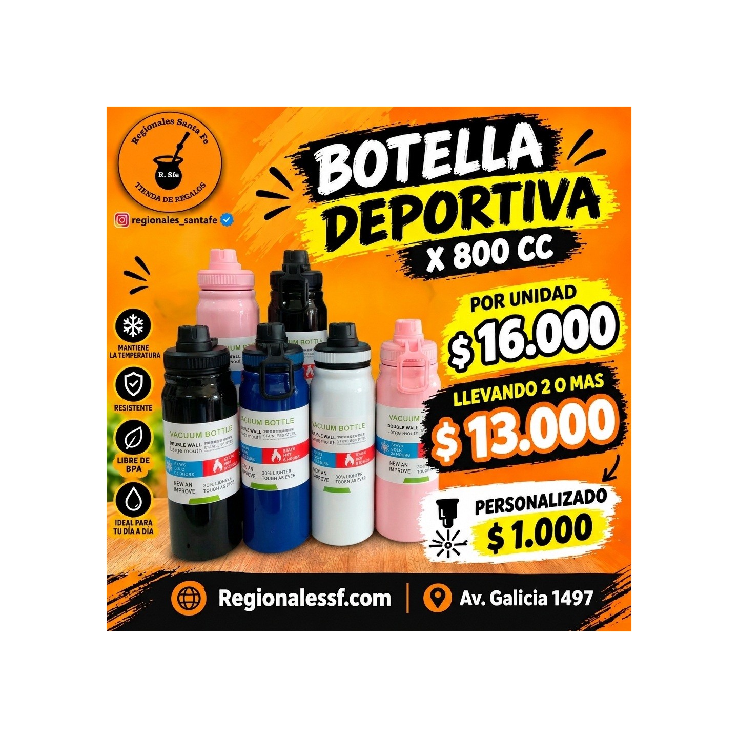 Botella deportiva térmica 800 cc