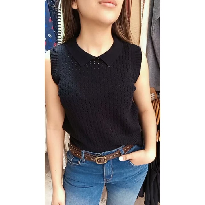 Chomba sin mangas tejida, jeans Oxford hasta talle 48