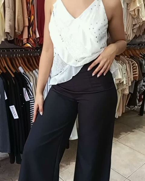 Palazzo en tejido de punto, musculosa gasa bordada con lentejuelas
