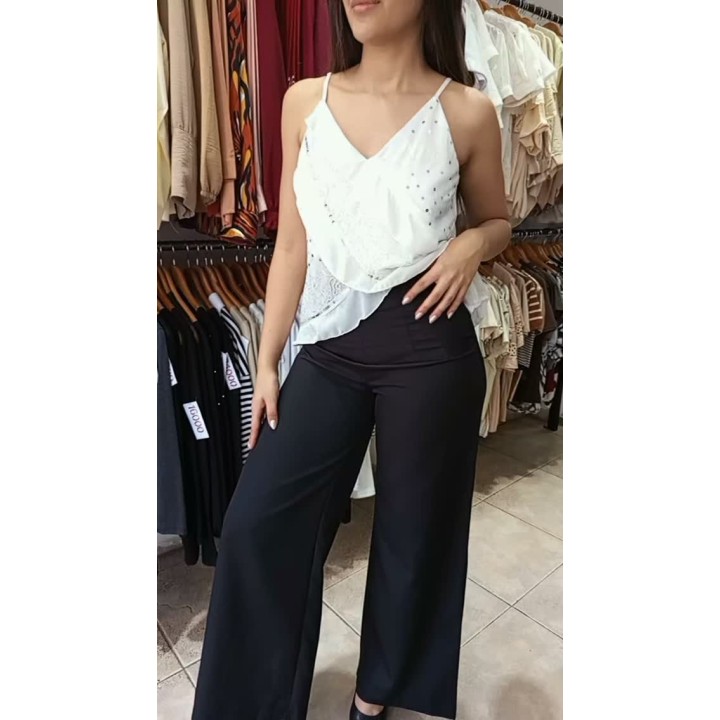 Palazzo en tejido de punto, musculosa gasa bordada con lentejuelas